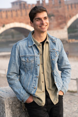 smiling fashion man with european citizen background