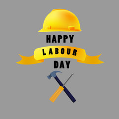 Labour day design with helmet, screwdriver and hammer. International solidarity of workers. Vector illustration. Copy space.
