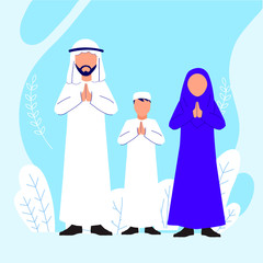 Ramadan Background With Moslem Families Illustration Vector. ramadan kareem greeting text concept. Blue background design. Flat vector illustration. Suitable for banner, presentation, social media.