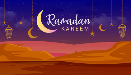 Vector Illustration Ramadan Kareem. Desert on the night. Ramadan Kareem Muslim Religion Holy Month. Flat Vector Illustration