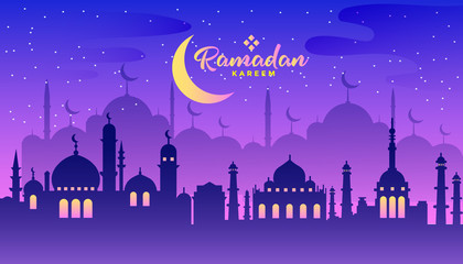 Obraz na płótnie Canvas Vector Illustration Ramadan Kareem. Mosque Building Ramadan Kareem Muslim Religion Holy Month. Flat Vector Illustration