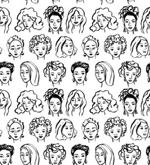 Hand drawn face pattern. Trendy woman face seamless texture with abstract line shapes, minimal girl face. Vector stylized design pattern