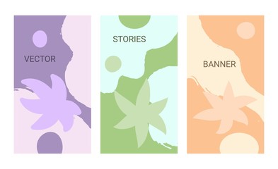 Social media banners. Set of banners for social media stories with grunge textures and abstract flower. Story templates for cover, flyer, brochure.