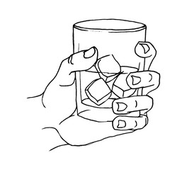 Man hand clinks a glass with whiskey. Vintage vector engraving