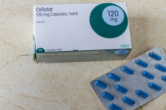 Illustrative editorial Teva Orlistat capsules weight loss drug with copyspace