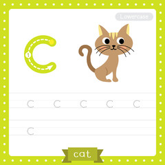 Letter C lowercase tracing practice worksheet. Sitting Cat