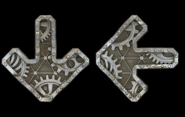 Set of mechanical alphabet made from rivet metal with gears on black background. Symbol arrow to down and left arrow. 3D