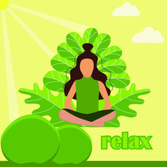 Woman meditating in nature and leaves. Concept illustration for yoga, meditation, relax, recreation, healthy lifestyle. Vector illustration in flat cartoon style