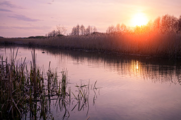 Magical sunset in countryside. Rural landscape in spring, wilderness. Narrow river in evening
