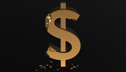 Gold dollar sign destruction symbol, 3d rendering