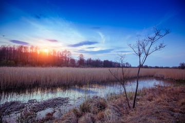 Magical sunset in the countryside. Rural landscape in spring. Narrow river in the evening