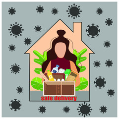 Self-quarantine concept. Safe food delivery during an outbreak of the COVID-19 virus. Quarantine.People stay at home. Coronavirus quarantine preventive measures. Prevent the spread of infection. Virus