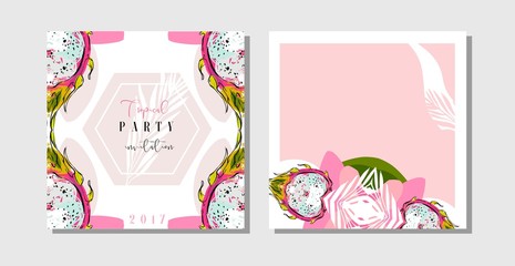Hand drawn vector abstract freehand textured unusual tropical save the date cards set collection template with palm leaves and dragon fruit in bright colors isolated on white background