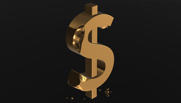 Gold dollar sign destruction symbol, 3d rendering