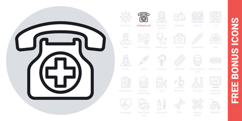 Ambulance call or emergency phone icon. Simple black and white version. Free bonus icons kit included