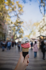 cone with colorful ice-cream in Barcelona