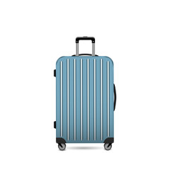 Luggage bright blue plastic travel suitcase on wheels and with telescopic handle. package icon. Vector flat illustration isolated on white background.