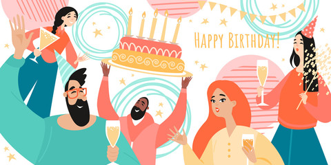 Birthday greeting banner template with cheerful young people drinking wine and a big cake.