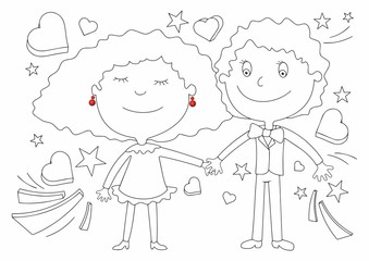 Happy couple in love. Funny bright illustration. Happy valentine’s day with lover. Hold one’s hand. Decoration greeting card, banner, website.