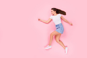 Fototapeta na wymiar Top above high angle view full length photo of nice cute sweet girlish lady sporty girl lay run copyspace enjoy moving wear good look clothes footwear isolated over pastel color background