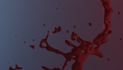 Splashes of red liquid blood on dark and black background, 3d render