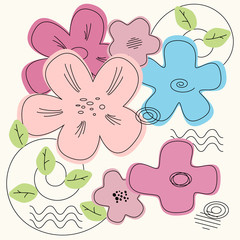 Floral summer card with abstract flowers, green leaves. Can be used for invitation, flyer, congratulations, logo, printed matter.