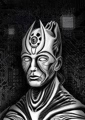 Character, cyborg, Pharaoh, ruler of an extraterrestrial race, in a biomechanical style, with small horns, a large eye, with mechanisms on the body, against the background of processors and chips.