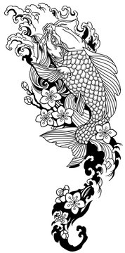 koi carp swimming upstream and sakura blooming. Japanese gold fish with water waves and cherry tree flowers blossom. Tattoo . Black and white vector illustration