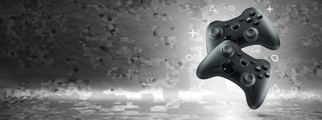 The concept of video games. Two gamepads levitate on an abstract background. Wide banner.