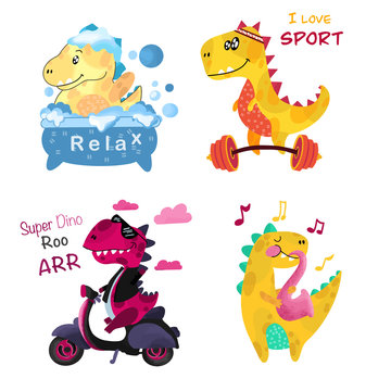 Set of illustrations of cute little dinosaurs. Vector illustration.