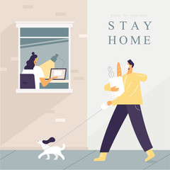 A man walks with a dog and a pack of products in a face mask. Girl works at home at the laptop. Illustration of prevention from virus pandemic. Self-isolation during an epidemic. Vector, flat style