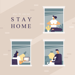 Stay home concept. House facade with windows. People spend time in the flat during a pandemic. Neighbors look out of apartment. Isolation, coronavirus quarantine. Vector illustration in flat style