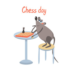 A rat and a chessboard. Chess day. Greeting card wich a cute clever mouse. Vector illustration isolated on white background. Hand drawn lettering. Great for t shirts, posters.