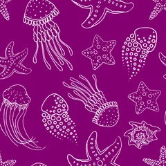 Tafelkleed Linear jellyfish on purple backdrop. Starfish seamless pattern for wallpaper, wrap paper, sleeper, bath tile, apparel or bed linen. Phone case or cloth print. Doodle style stock vector illustration © Anna