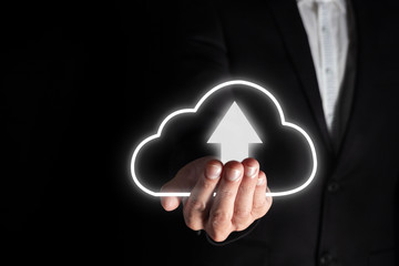 businessman upload business technology data to cloud storage technology database to transfer...