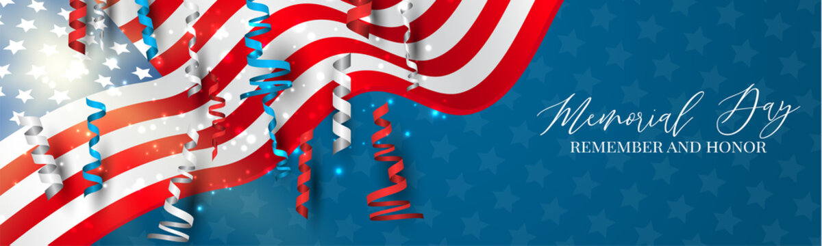 Memorial Day banner. or header Remember and honor. Waving USA flag. National celebration concept. Vector illustration.