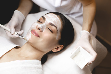 Obraz na płótnie Canvas Cheerful positive young woman lying with closed eyes. Beautician applying white cream hydtration mask with brush. Beauty procedure and skin treatment.