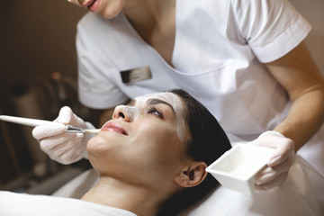 Obraz na płótnie Canvas Side view of happy positive young woman lying during hydration procedure. Beautician applying white facial mask using brush. Skin care and beauty treatment.
