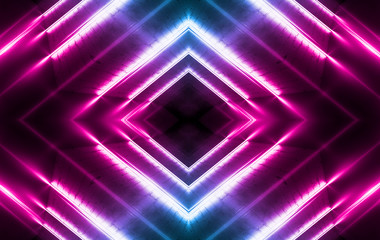 Fototapeta premium Abstract dark background with blue and pink neon glow. Neon light lines, waves.