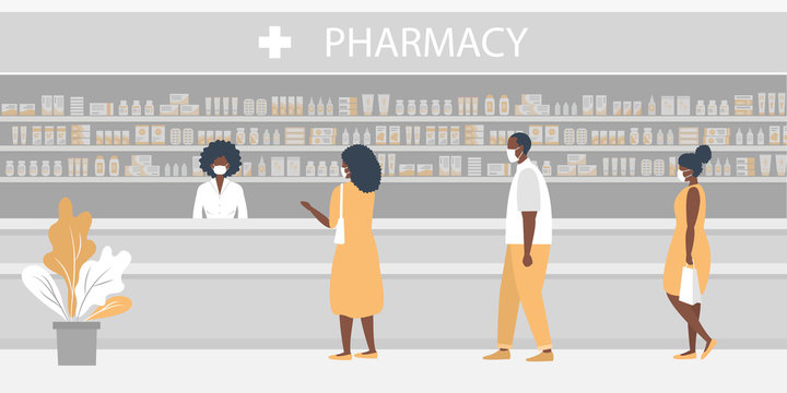 Pharmacy during the coronavirus epidemic. Black people in medical masks in the pharmacy. The pharmacist stands near the shelves with medicines. Visitors keep their distance in line. Vector flat image
