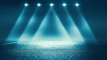 Dramatic background of night street, spotlight on asphalt, smoke