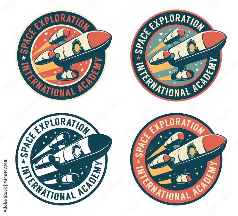 Wall mural space badge with flying rocket. galaxy exploration retro emblem with spaceship. vector vintage illus