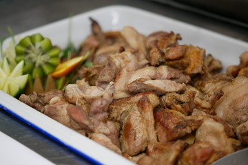 Fried pork with vegetables,  Food at a high category hotel, all inclusive menu