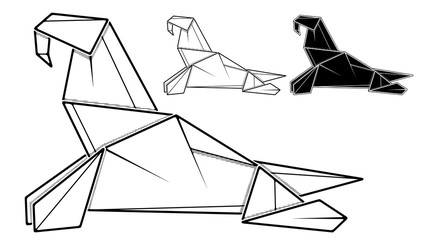 Vector monochrome image of paper walrus origami (contour drawing by line).