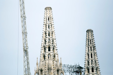 In earthquake damaged Zagreb cathedral and crane