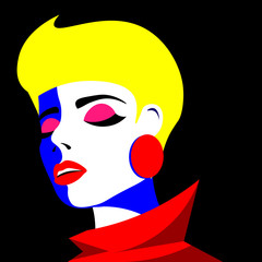 Young woman model in profile in pop art style. Sexy girl for advertising with bright hair