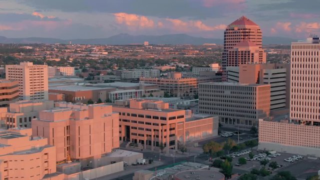 Albuquerque, New Mexico, USA. 1 September 2019. Aerial flying over the downtown city CBD
