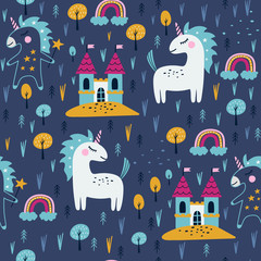 Seamless pattern with cute unicorn and castle. Vector