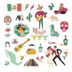Mexican collection vector illustration. Mexico symbols and landmarks. Colorful drawings icon about Mexico isolation on white background