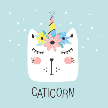 Cute caticorn with floral. Kids print. Hand drown vector
